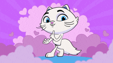 a cartoon of a white cat with a pink nose and blue eyes