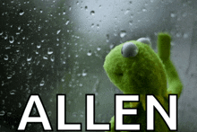 a kermit frog sits in front of a window with rain drops and the name allen above it