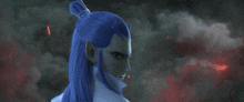 a man with blue hair and red eyes is looking at something
