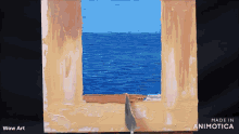a painting of a window looking out to the ocean is made in animatica