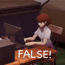 a girl is sitting at a desk in front of a computer with the words `` false '' written above her .