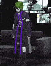 a man with green hair is standing in front of a couch with a purple jacket on