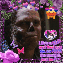 a picture of a man with a skull on his face with purple flowers and butterflies