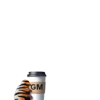 a tiger 's paw is holding a cup that says gm