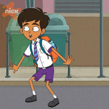 a cartoon of a boy with a backpack and a nickelodeon logo behind him