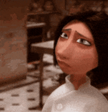 a close up of a cartoon character 's face in a kitchen