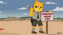 a cat holding a hammer and a cardano meme szn sign