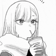 a black and white drawing of a girl drinking from a cup through a straw .