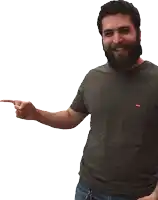 a man with a beard wearing a levi 's shirt points to the right