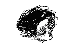 a black and white drawing of a woman 's face with a brush stroke on it .
