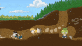a cartoon drawing of a group of people in a tunnel