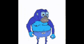 a cartoon of a blue monkey running in front of a group of monsters