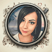 a woman 's face is surrounded by music notes and a microphone