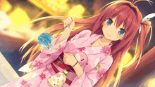 a girl with red hair and blue eyes is wearing a kimono