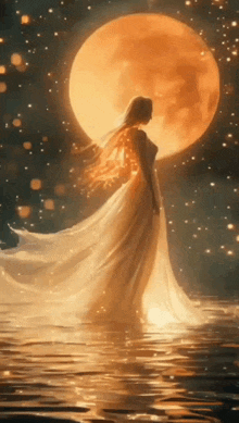 a woman in a long white dress is standing in front of a full moon in the water .