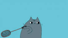 a cartoon cat is holding a badminton racket with a yellow bird in it