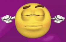 a yellow smiley face is covering its ears with its hands on a purple background .