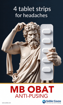 an ad for mb obat anti-pusing shows a statue holding a blister pack
