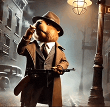 a teddy bear in a suit smoking a cigar while holding a gun
