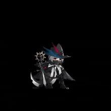 a cartoon character is holding a sword and a feathered hat .