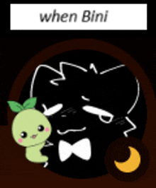 a cartoon of a cat with a bow tie and a green worm with the words when bini on it