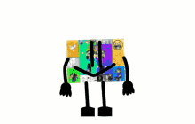 a cartoon character with arms and legs is standing in front of a wall with a bunch of stickers on it .