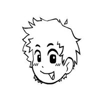 a black and white drawing of a boy 's face with his tongue hanging out