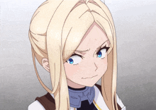 a blonde anime girl with blue eyes is making a face