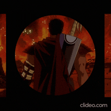 a man holding a sword in front of a fire with the website clideo.com visible