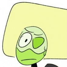 a close up of a cartoon character with a green face and a yellow head .