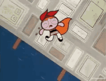 a cartoon character from the powerpuff girls is flying through the air over a bridge .