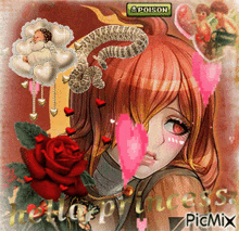 a picture of a girl with hearts and a poison button in the background