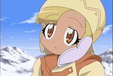 a girl wearing a helmet and gloves stands in front of a snowy mountain