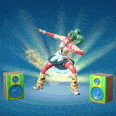 a cartoon character with green hair and red arms is standing in front of two speakers