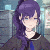 a girl with purple hair and blue eyes is wearing a choker and a ponytail .
