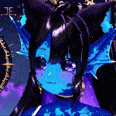 a close up of a blue and purple anime character with a clock in the background that says jc