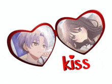 a couple of heart shaped glasses with the word kiss in red