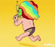 a cartoon character with a rainbow haircut is running with a gun .