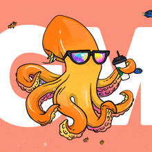 a cartoon drawing of an octopus wearing sunglasses and holding a cup