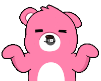 a pink teddy bear with its eyes closed has a gray nose