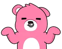 a pink teddy bear with its eyes closed has a gray nose