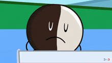 a brown and white cartoon character with a sad face behind a white board