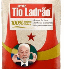 a bag of arroz with a picture of lula on the front