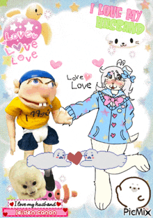 a picture of a man and a woman holding hands with the words " i love my husband " on the bottom