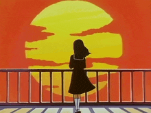 a girl in a school uniform stands on a balcony at sunset