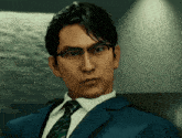 a man wearing glasses and a suit is looking at the camera