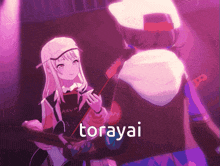 a girl is holding a guitar and the word torayai is on the bottom