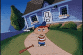 a cartoon boy is holding a baseball bat in front of a house and says ok bye