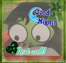 a picture of a cartoon character with the words good night rest well on it