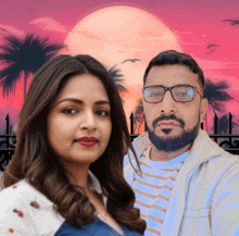 a man and a woman are standing next to each other in front of a sunset